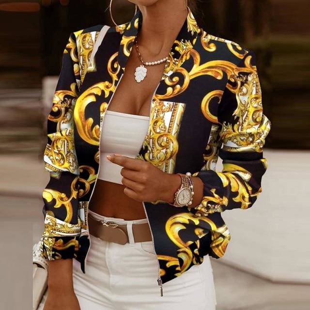 Vintage Print Long Sleeve Zipper Jacket - Furdela
