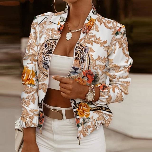 Vintage Print Long Sleeve Zipper Jacket - Furdela
