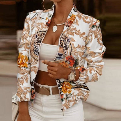 Vintage Print Long Sleeve Zipper Jacket - Furdela