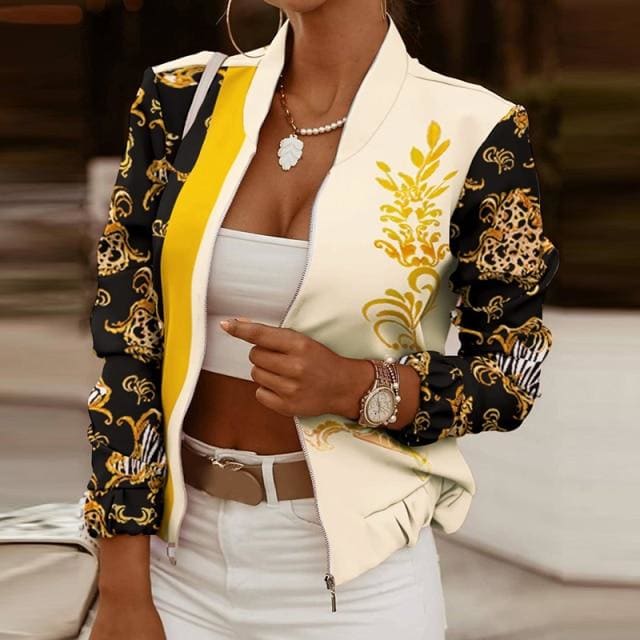 Vintage Print Long Sleeve Zipper Jacket - Furdela