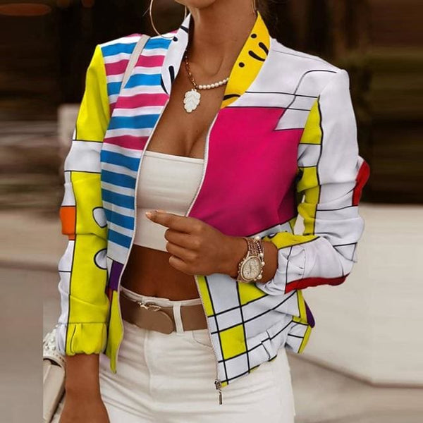 Vintage Print Long Sleeve Zipper Jacket - Furdela