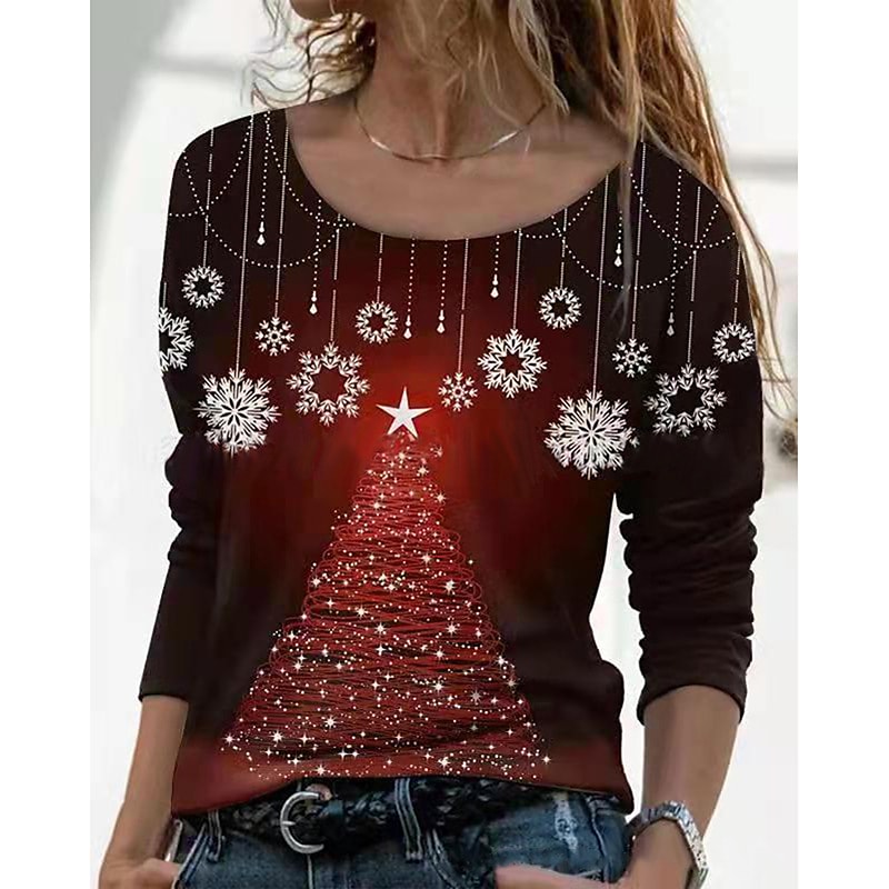 Women's T shirt Tee Green Blue Purple Christmas Tree Snowflake Print Long Sleeve Christmas Weekend Basic Round Neck Regular Painting S PC93