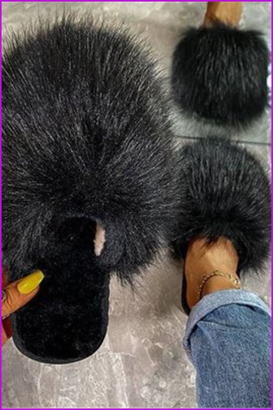 Warm Faux Fur Ladies Cross Soft Plush Furry House Slippers F1646 - Furdela