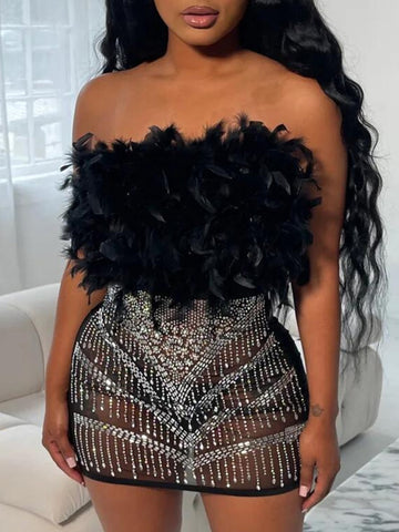 Off The Shoulder Feather Decor Rhinestone See Through Dress AT9023