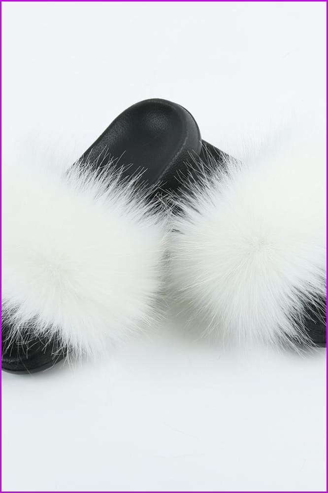 White Faux Fake Big Fur Slides F152 - Furdela