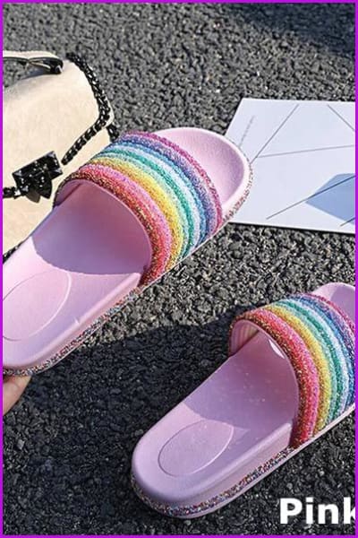 White/Pink Rainbow Sequins Flat Slippers - Furdela