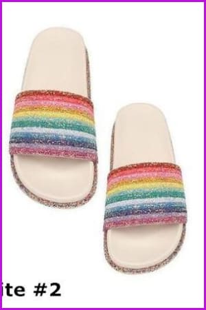 White/Pink Rainbow Sequins Flat Slippers - Furdela