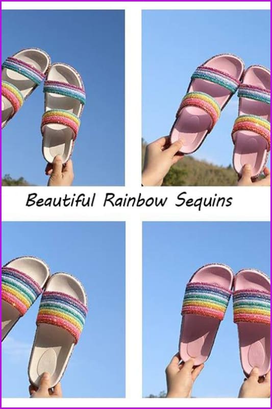 White/Pink Rainbow Sequins Flat Slippers - Furdela