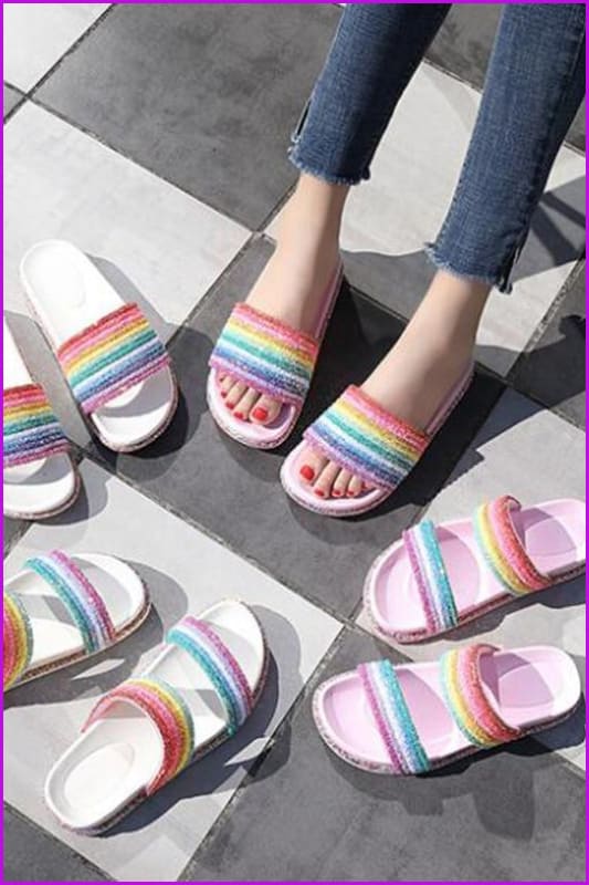 White/Pink Rainbow Sequins Flat Slippers - Furdela