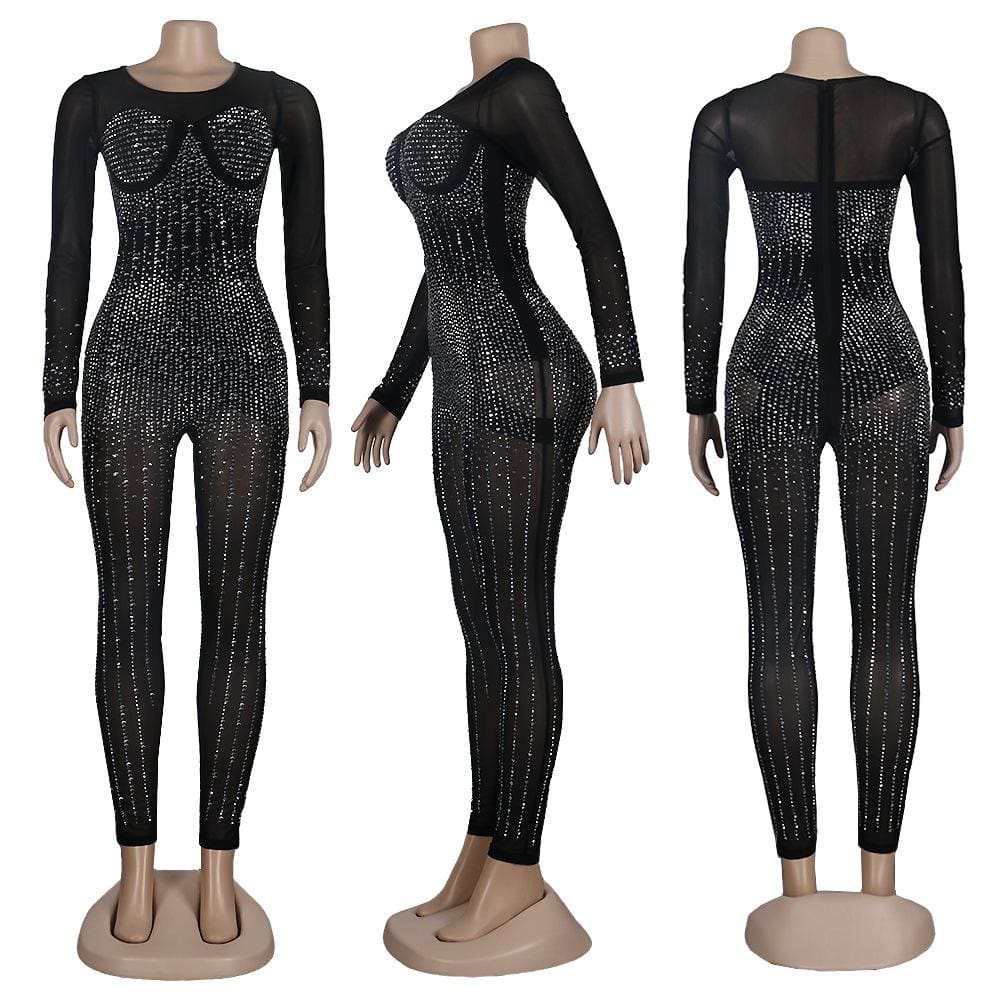 Black Patchwork Hot Drilling See-through Skinny Jumpsuits F3732 - Furdela