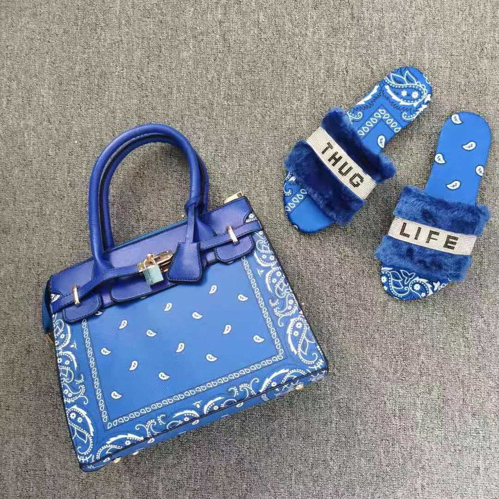 Blue Bandana Print Lock Handbag And Faux Fur Slides Set - Furdela