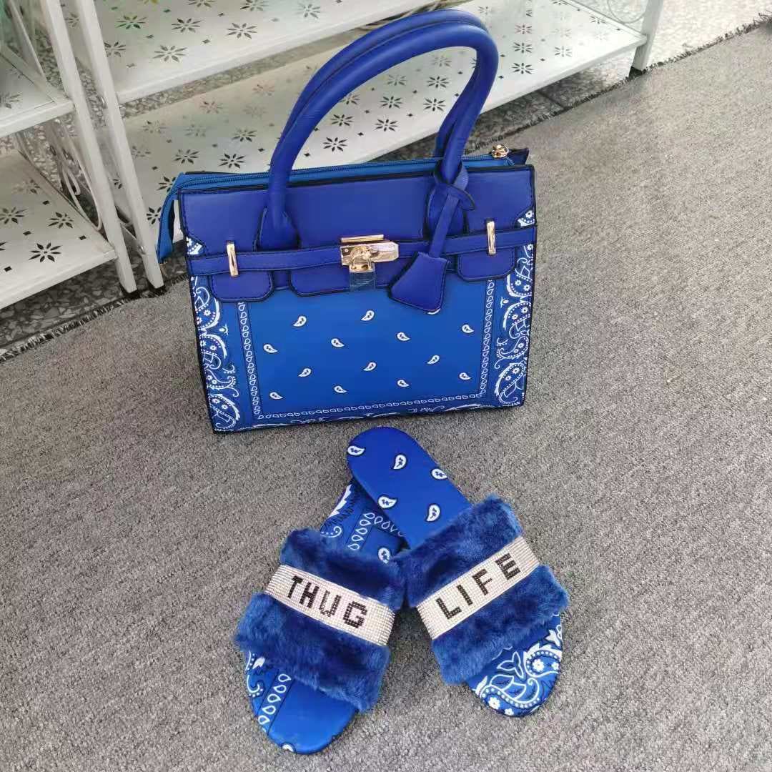 Blue Bandana Print Lock Handbag And Faux Fur Slides Set - Furdela