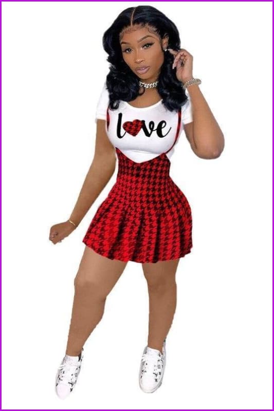 Classic Love T-shirts and Houndstooth Suspender Skirt 2 Piece Set - Furdela