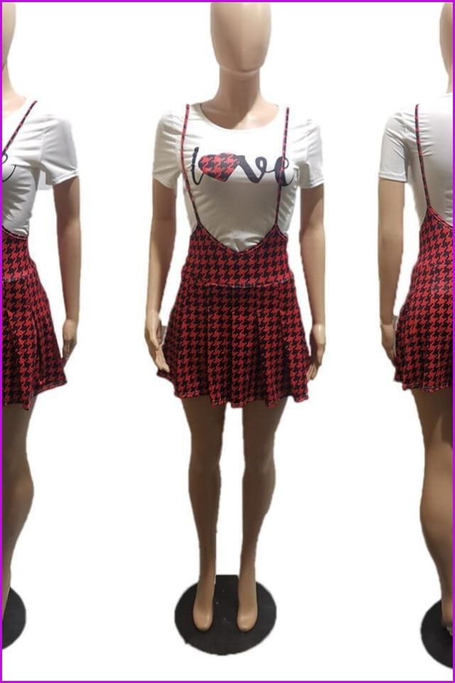 Classic Love T-shirts and Houndstooth Suspender Skirt 2 Piece Set - Furdela