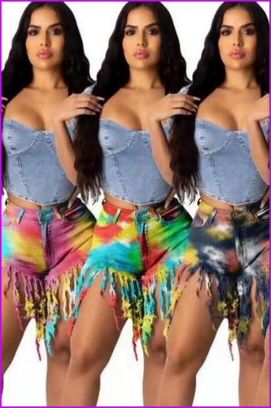 Colorful Tie Dye Print Tassels High Waist Denim Shorts - Furdela