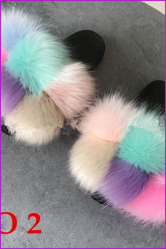 Fluffy Balls Faux Fox Fur Slippers F2157 - Furdela