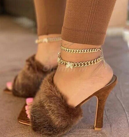 High-Heeled Fur Slides - Furdela