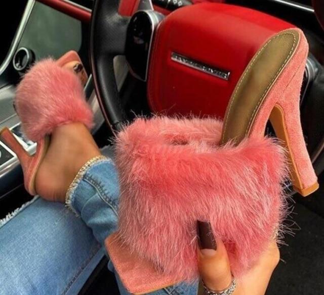 High-Heeled Fur Slides - Furdela