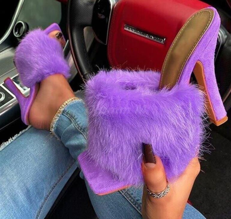 High-Heeled Fur Slides - Furdela