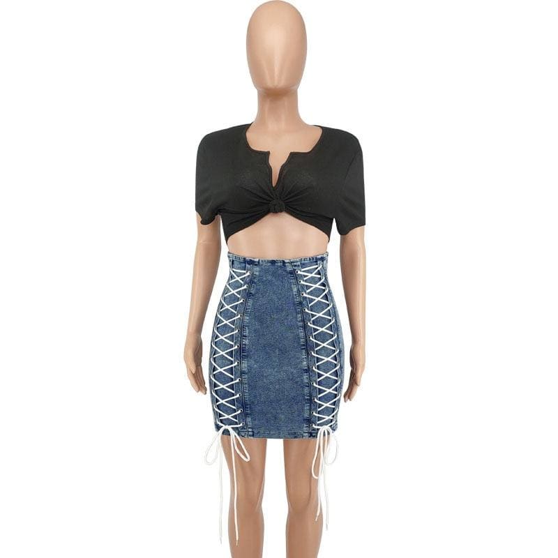 High Waist Stretch Rope Denim Skirt - Furdela