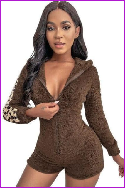 Leopard Print Long Sleeve Tight Hooded Jumpsuit F2601 - Furdela