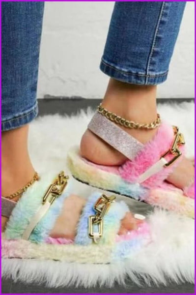 Leopard Rainbow Colorful Big Chain Fur Sandals - Furdela