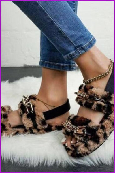 Leopard Rainbow Colorful Big Chain Fur Sandals - Furdela
