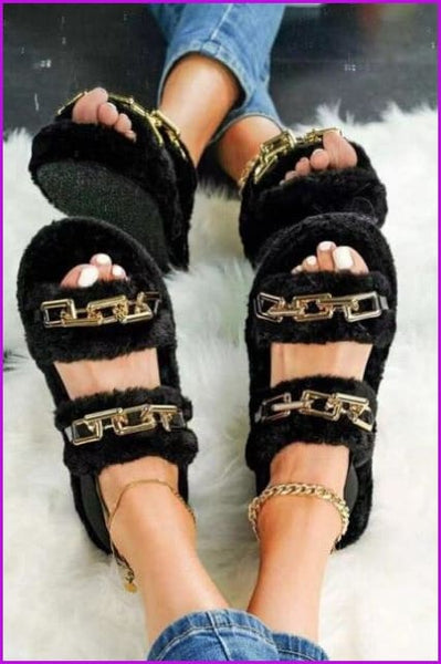 Leopard Rainbow Colorful Big Chain Fur Sandals - Furdela