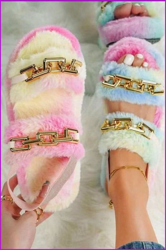 Leopard Rainbow Colorful Big Chain Fur Sandals - Furdela