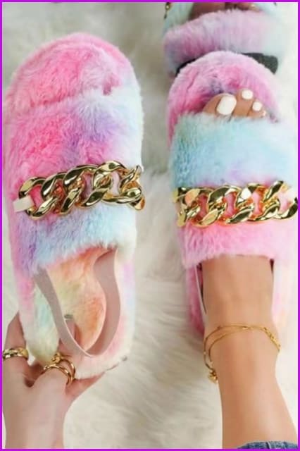 Leopard Rainbow Colorful Chain Fur Slipper - Furdela