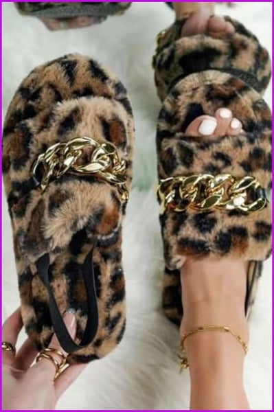 Leopard Rainbow Colorful Chain Fur Slipper - Furdela
