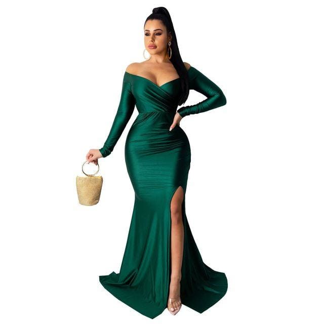 Off Shoulder Plunging V-neck High Side Split Mermaid Maxi Dress - Furdela