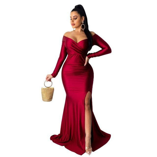 Off Shoulder Plunging V-neck High Side Split Mermaid Maxi Dress - Furdela