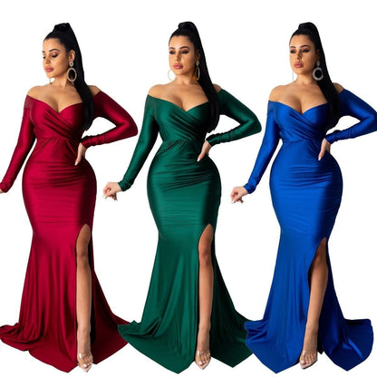 Off Shoulder Plunging V-neck High Side Split Mermaid Maxi Dress - Furdela