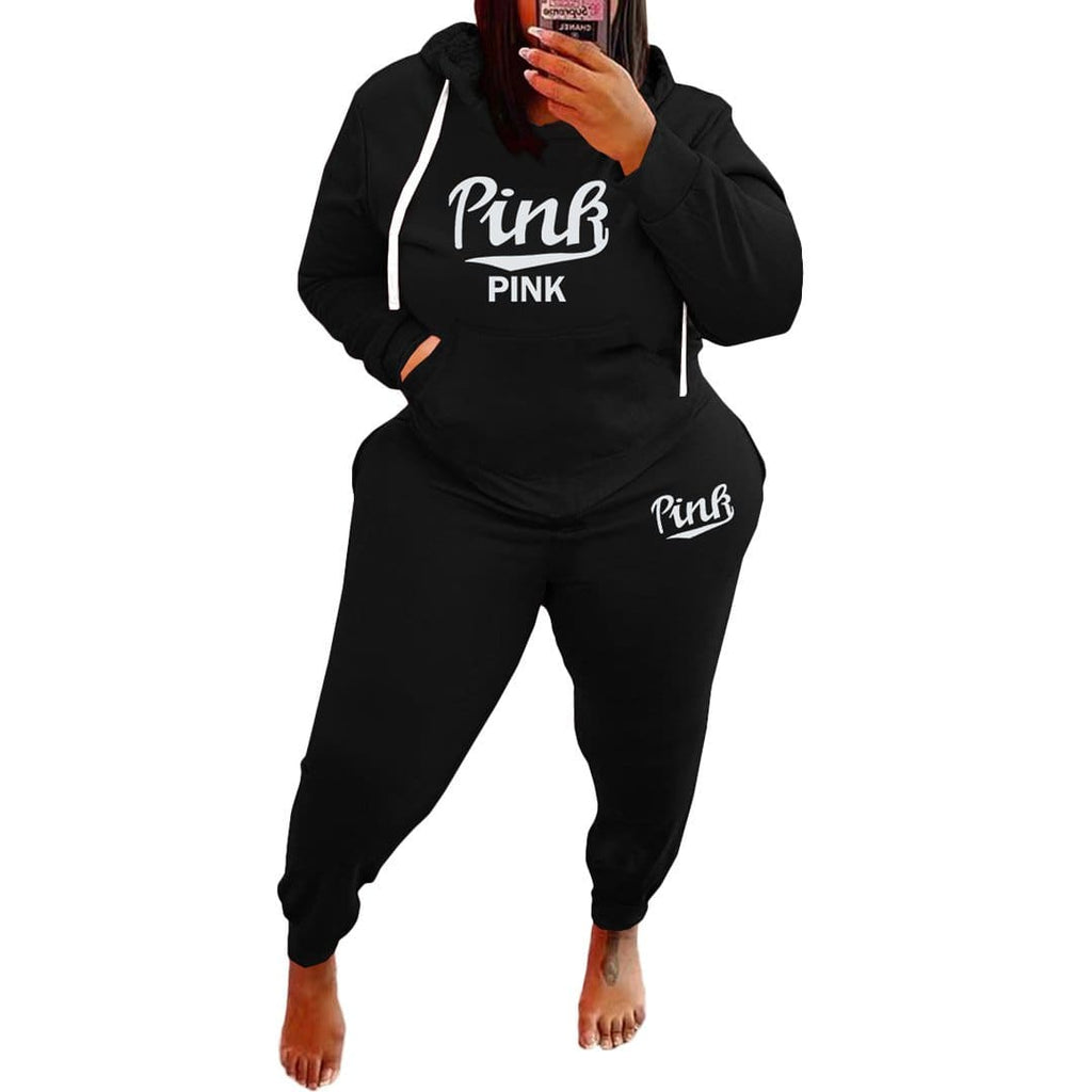Plus Size Letter Print Basic Hooded Collar Two Pieces Set F2908 - Furdela
