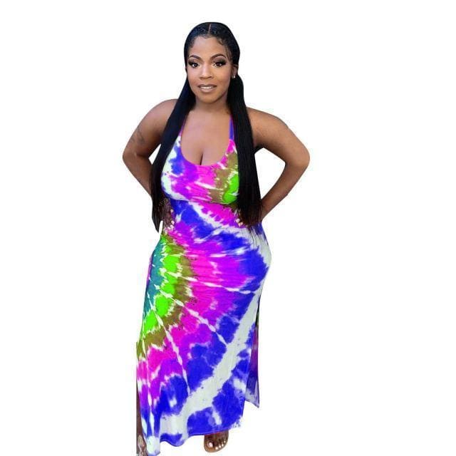 Plus Size Rainbow Tie Dye Backless Beach Dress - Furdela