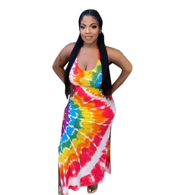 Plus Size Rainbow Tie Dye Backless Beach Dress - Furdela