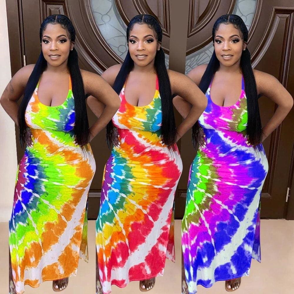 Plus Size Rainbow Tie Dye Backless Beach Dress - Furdela