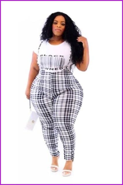 Plus Size Spaghetti Straps High Waisted Plaid Trousers F2646 - Furdela