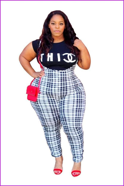 Plus Size Spaghetti Straps High Waisted Plaid Trousers F2646 - Furdela