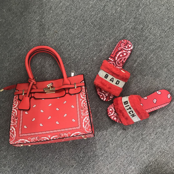 Wholesale Red Bandana Print Lock Handbag And Faux Fur Slides Set - Furdela Wholesale