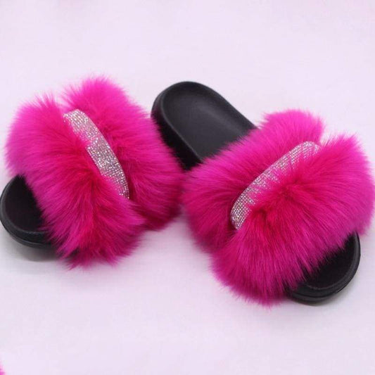 Shiny Faux Fox Fur Slippers F2780 - Furdela