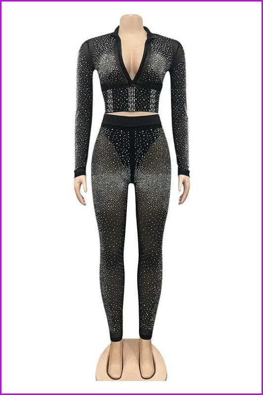 Sparkle Rhinestone Studded Crop Top And Legging Set F3738 - Furdela