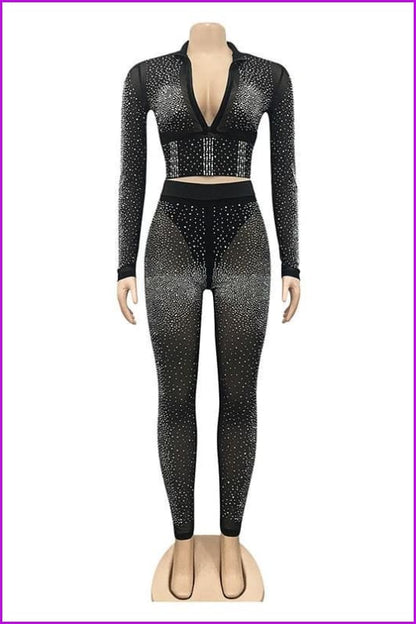 Sparkle Rhinestone Studded Crop Top And Legging Set F3738 - Furdela