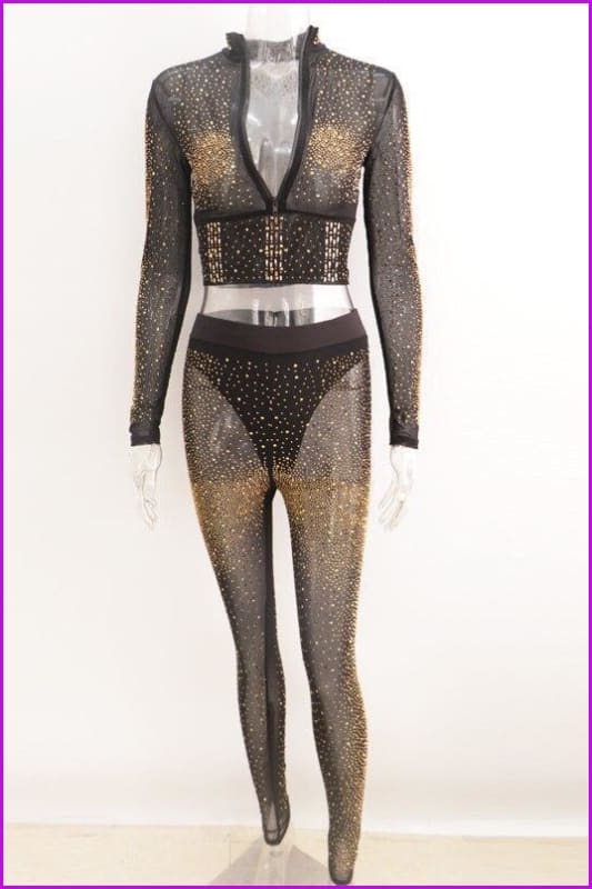 Sparkle Rhinestone Studded Crop Top And Legging Set F3738 - Furdela