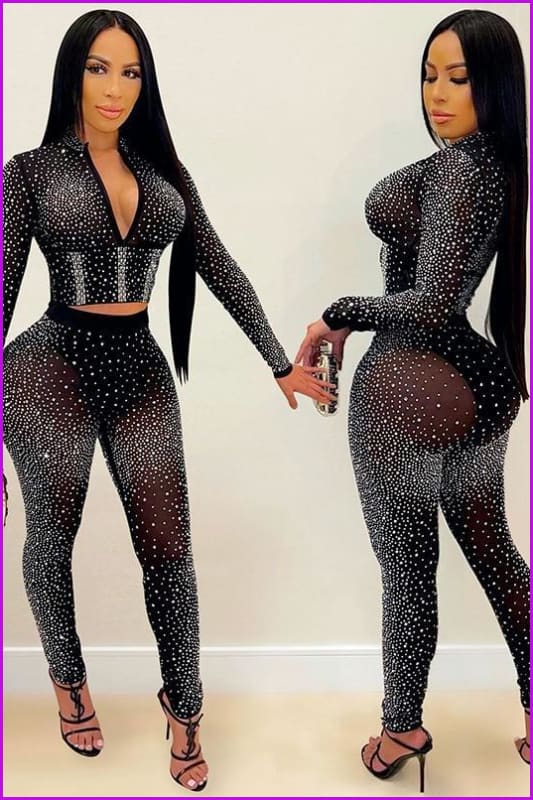 Sparkle Rhinestone Studded Crop Top And Legging Set F3738 - Furdela