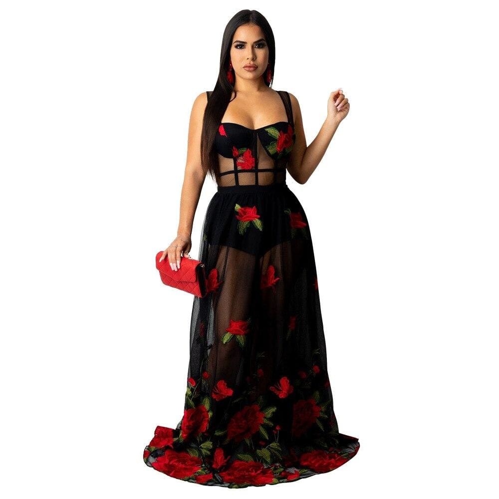 Square Collar Full Body Embroidery Floor-length Mesh Gown Dress - Furdela