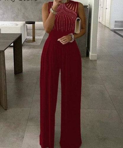 Studded Hollow Ruched Design Sleeveless Wide Leg Jumpsuit F2852 - Furdela