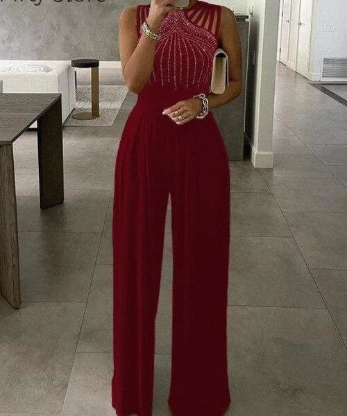 Studded Hollow Ruched Design Sleeveless Wide Leg Jumpsuit F2852 - Furdela