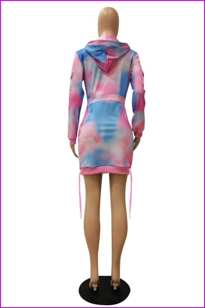 Tie Dye Print Hooded Zipper Dress F3234 - Furdela